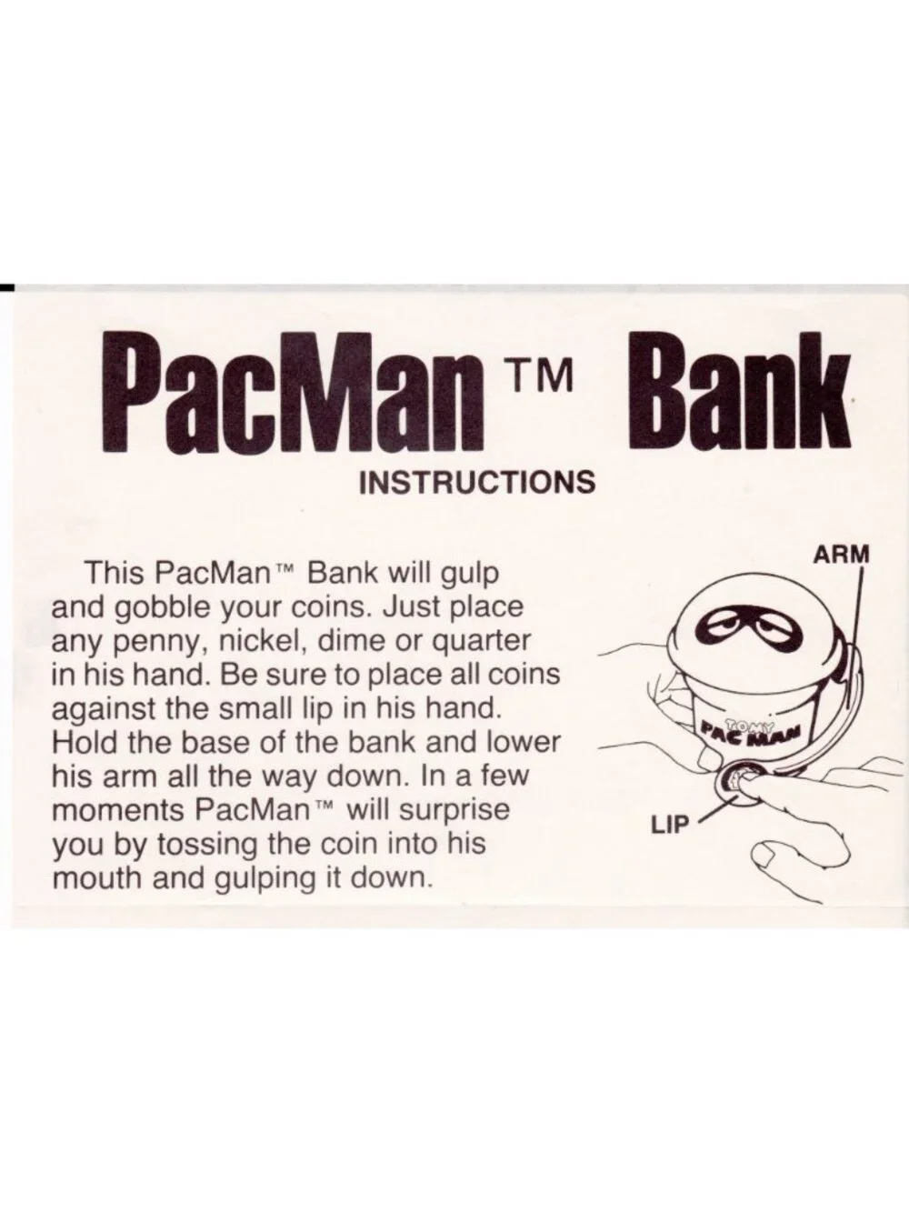 1982 Tomy Pac-Man Bank Instructions Bally Midway No. 2511 Original Japan